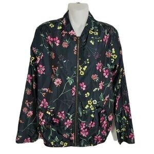 Signature Weekend Women Windbreaker Jacket Medium Black Floral Full Zip Raincoat